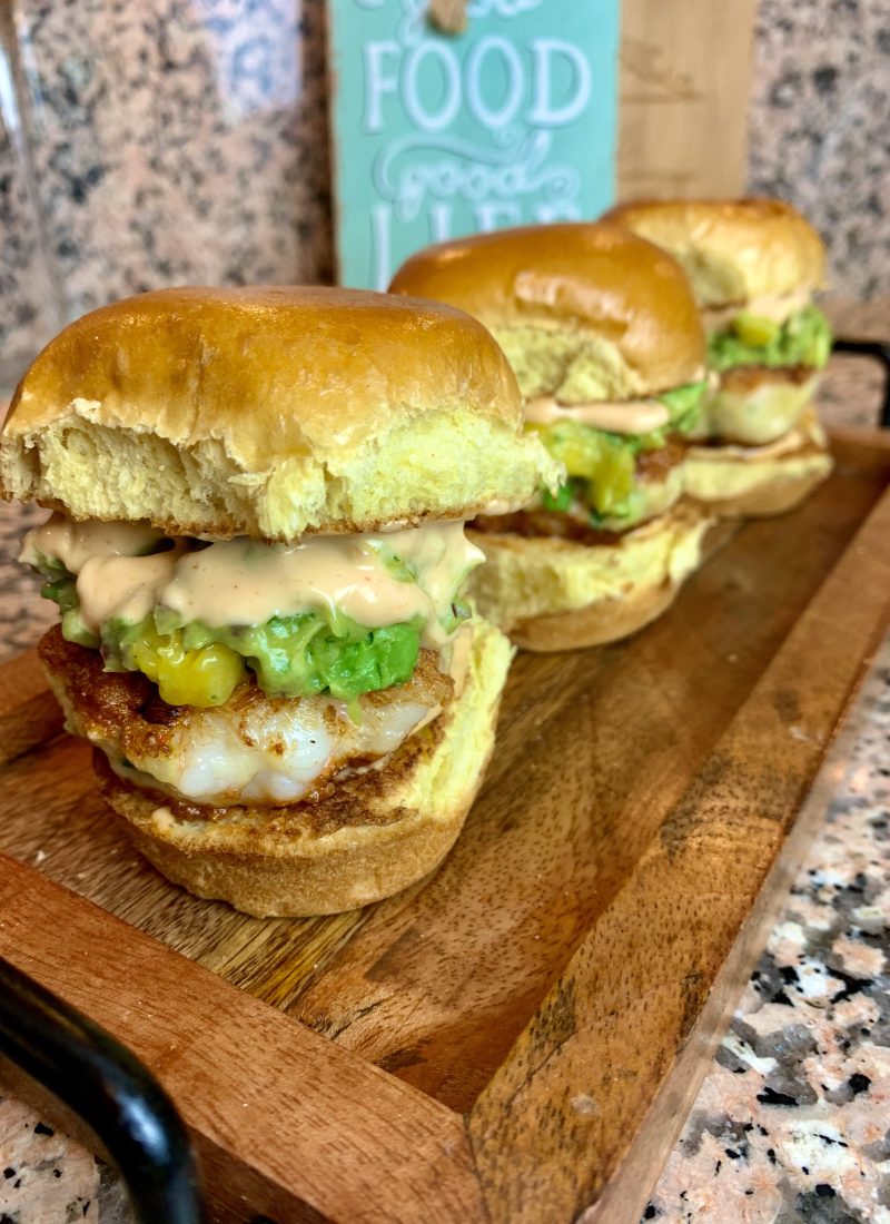 Best Asian Inspired Shrimp Burgers with Mango Guacamole & Spicy Mayo