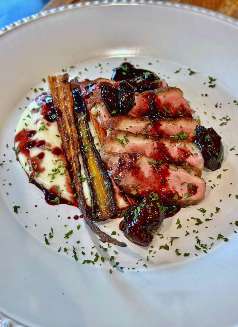 Sous-Vide Duck with Rainbow Carrots, Cauliflower, and Cherry Gastrique