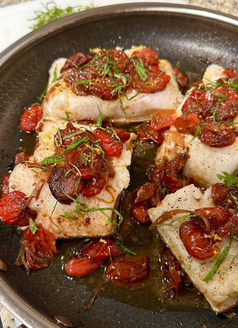 Roasted Tomato, Shallot & Fish One Pan Dinner