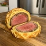 A sliced beef Wellington on a wooden cutting board reveals medium-rare beef encased in a golden, flaky pastry with a mushroom duxelles layer. A stainless steel refrigerator is visible in the background.