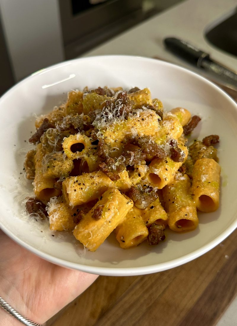 Not your average Sausage & Pepper’s Pasta + Basil Oil