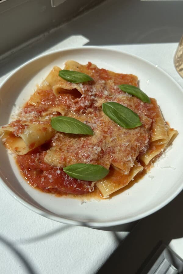 A white bowl of pasta with tomato sauce, topped with grated cheese and fresh basil leaves, sits on a white surface in bright sunlight.