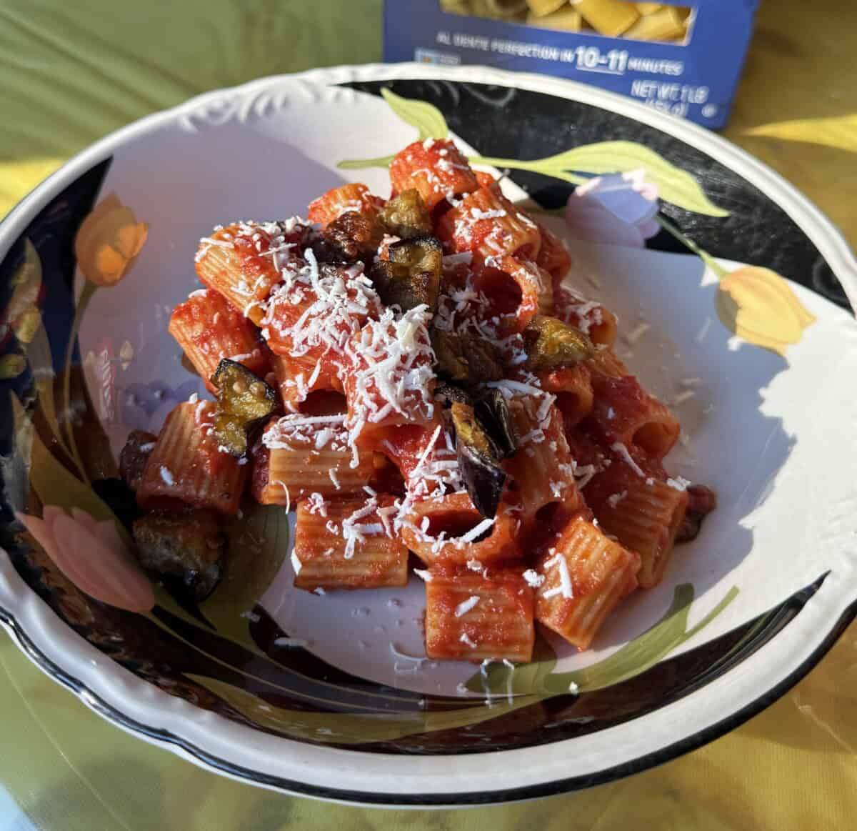 A bowl of rigatoni pasta topped with tomato sauce, grated cheese, and pieces of roasted eggplant, served in a decorative dish with a floral pattern. Bright natural light highlights the meal.