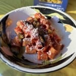 A bowl of rigatoni pasta topped with tomato sauce, grated cheese, and pieces of roasted eggplant, served in a decorative dish with a floral pattern. Bright natural light highlights the meal.