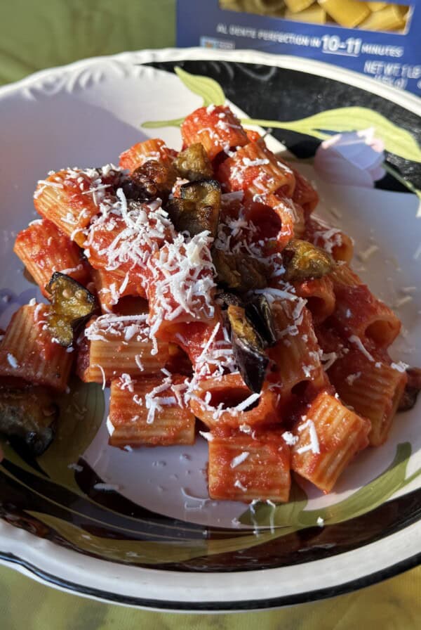A bowl of rigatoni pasta topped with tomato sauce, grated cheese, and pieces of roasted eggplant, served in a decorative dish with a floral pattern. Bright natural light highlights the meal.