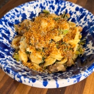 Orecchiette pasta with sausage and greens, topped with breadcrumbs in a blue and white splatter-pattern bowl.